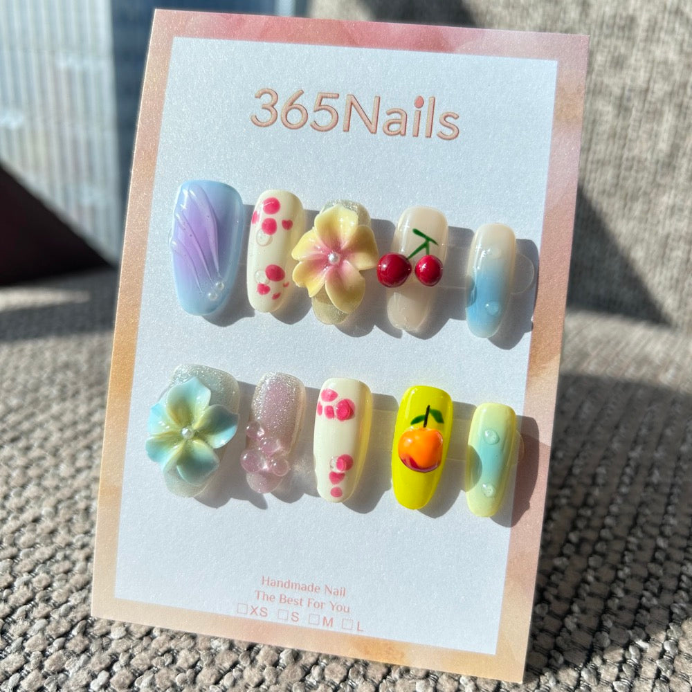 Sculpted Flora: "Summer Picnic Mix" – 3D Fruit (Cherry/Peach), Pastel Flowers & Grape Jelly Graffiti Nails