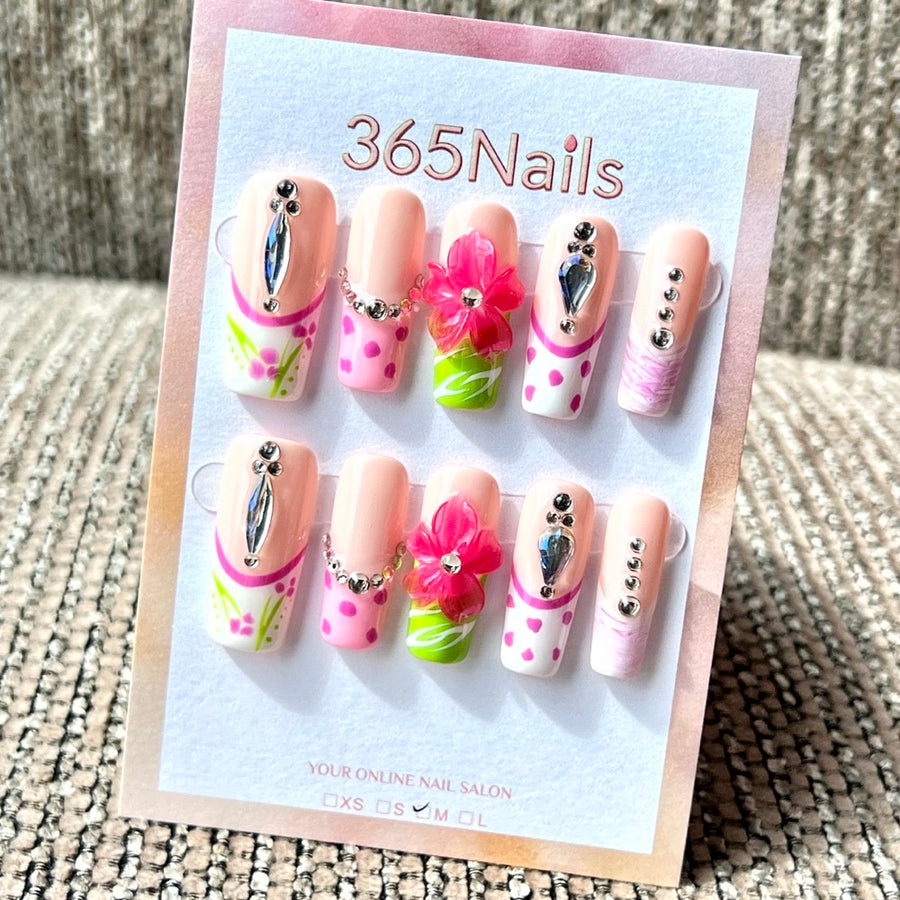 365nails: "Tropical Pink Orchid" – Handmade Medium Square Press-On Nails