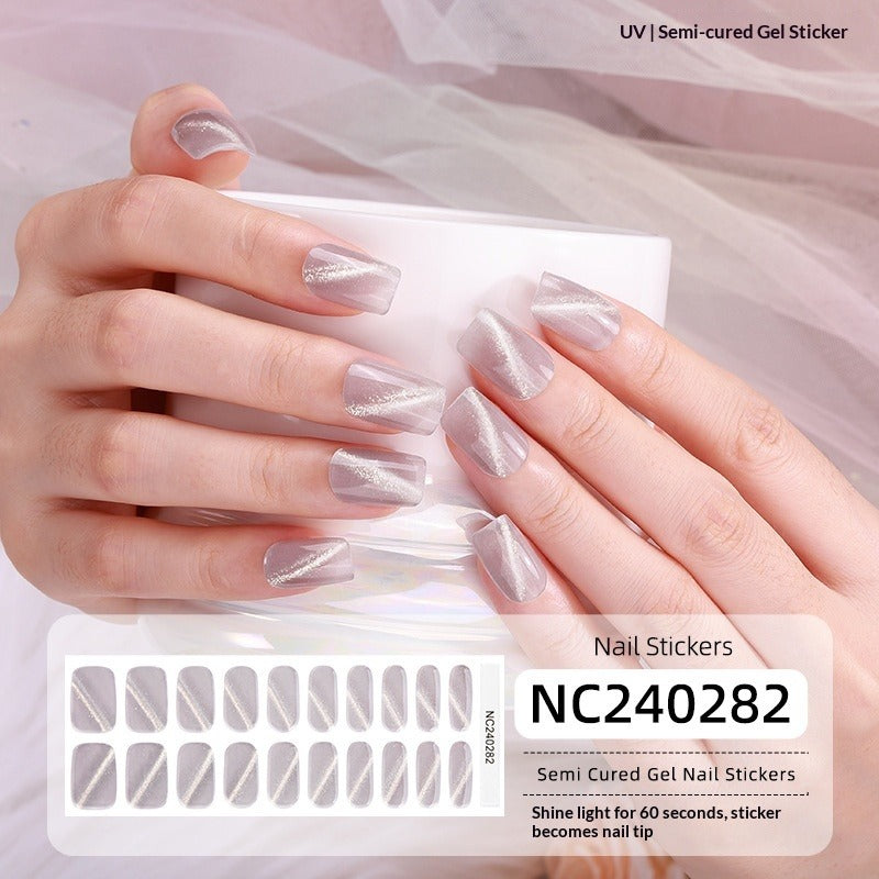 Semi-Cured Gel Nail Strips Sparkle Diagonal Cat Eye Glossy Design (MOQ=3)