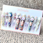 365nails: "Oriental Dream" – 3D Figure Painting Handmade Press on Nails Square Nails-5.5cm