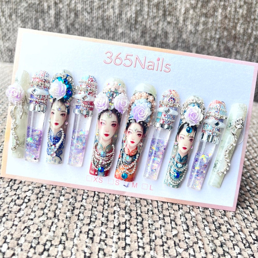 365nails: "Oriental Dream" – 3D 피규어 페인팅 수제 프레스온 네일 스퀘어형-5.5cm