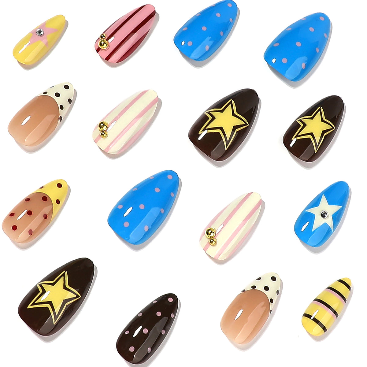 Close-up of glossy press-on nails with stars, stripes, and beads