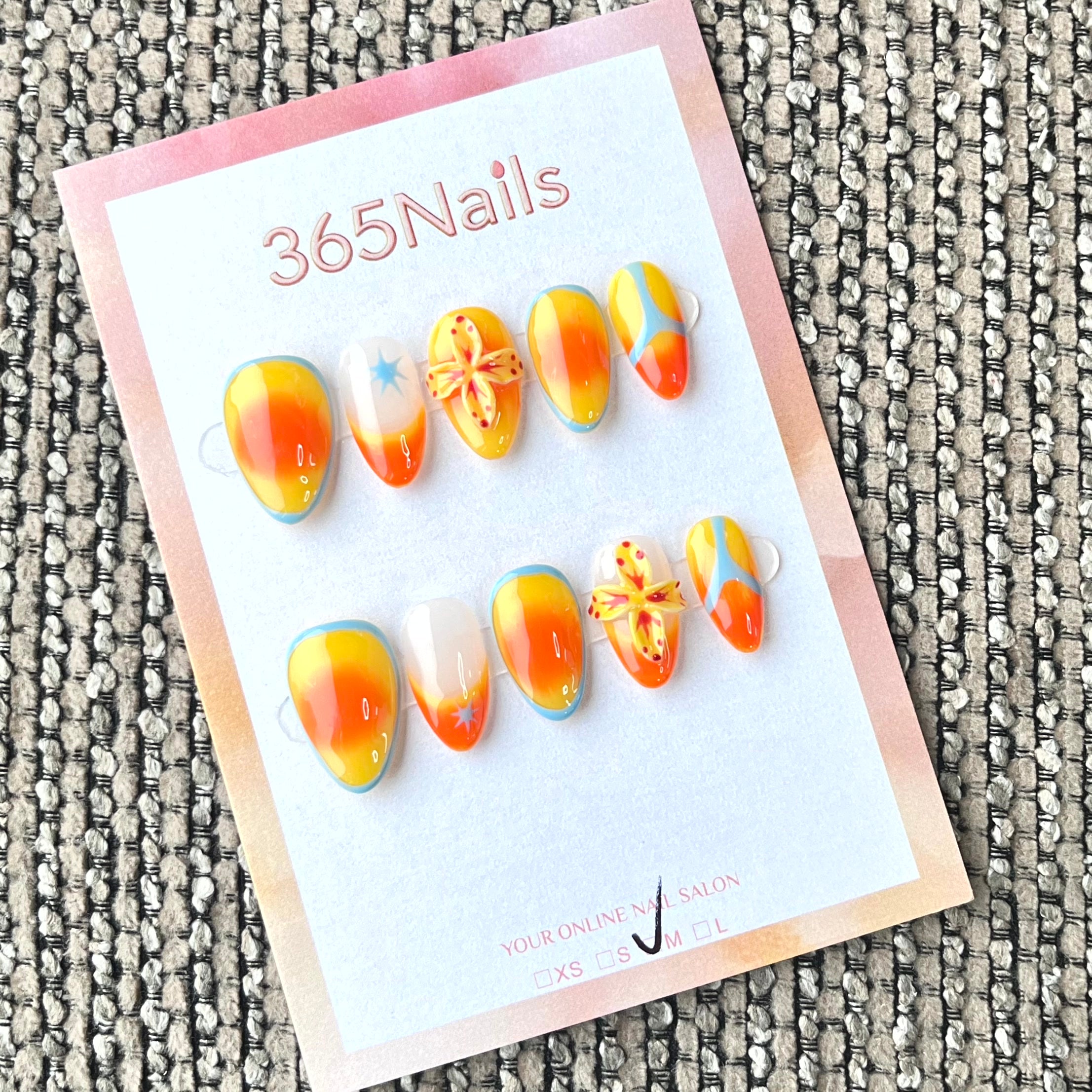 365nails: "Sunset Mirage" – 3D Floral & Starburst Handmade Almond Nails