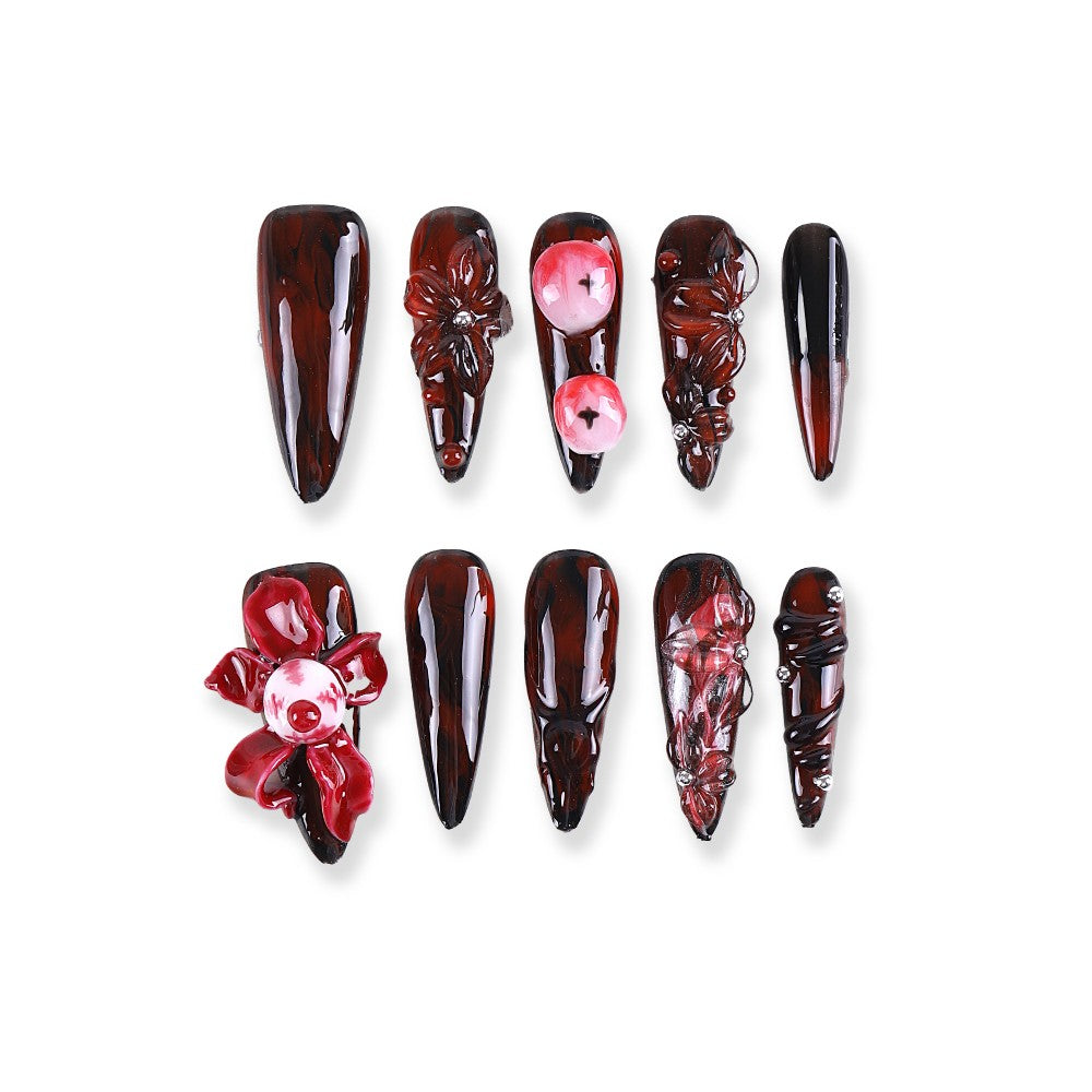 Dark Red Floral Press-On Nails with 3D Sculpted Flowers and Pearl Accents