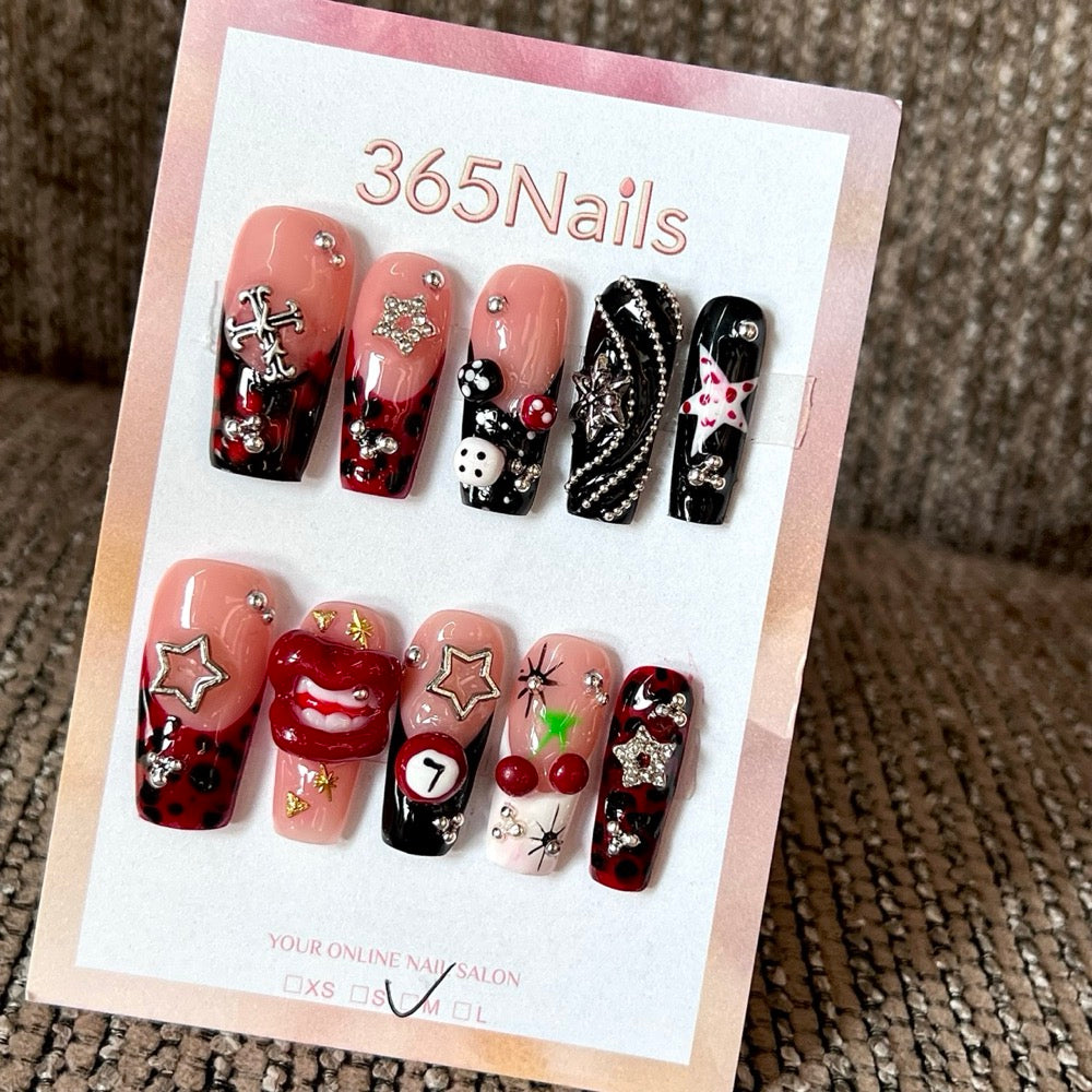 Crimson Kiss - Red Black Charm Press-On Nails