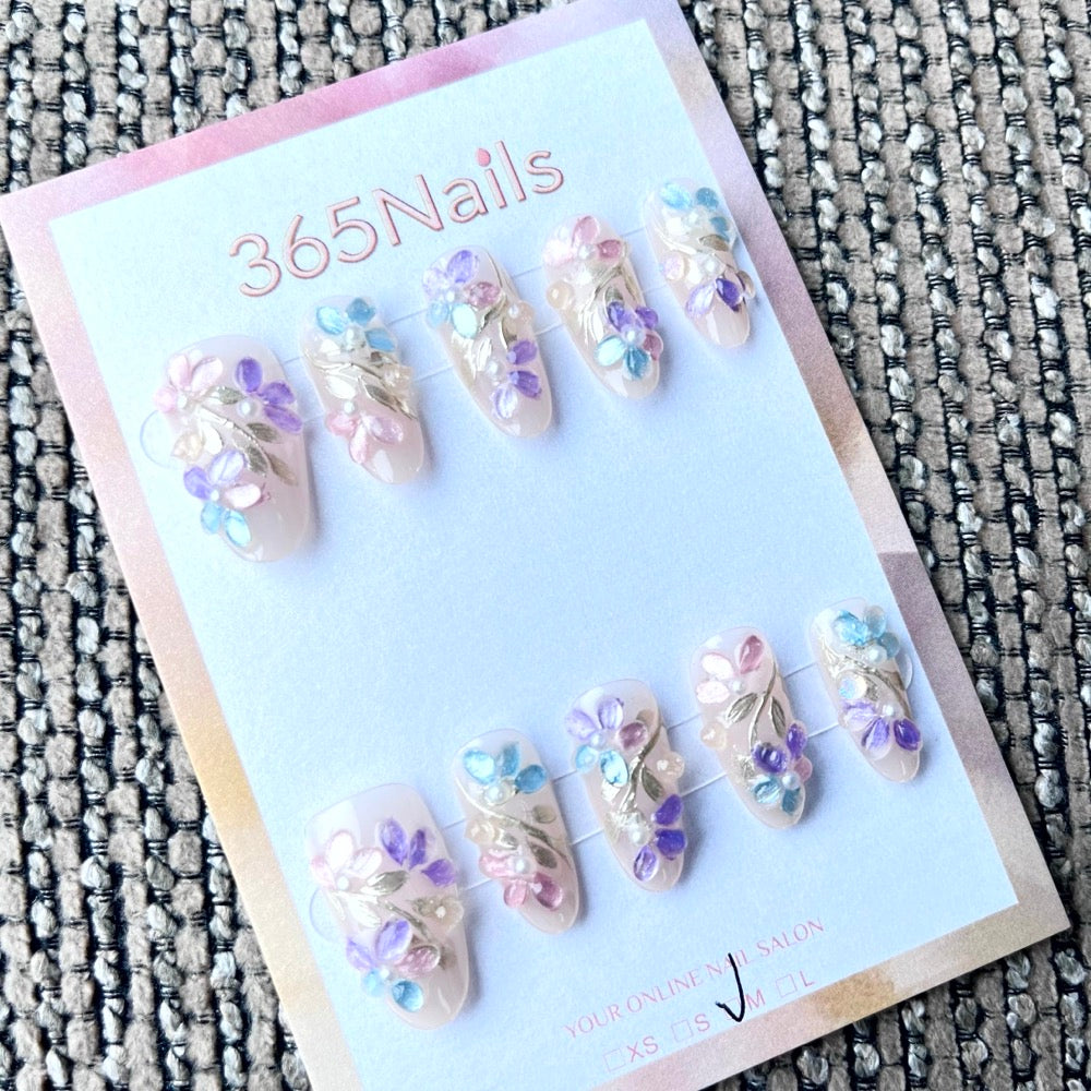 365nails: "Ethereal Garden" – 3D Floral Handmade Medium Almond Nails