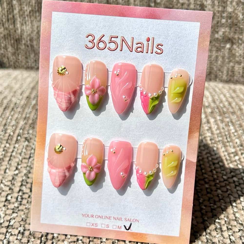 365nails: "Blush Pink Green Flower Shell Mix" – Handmade Medium Stiletto Press-On Nails
