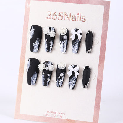 365Nails Matte Black Brushstroke Coffin with 3D Bow, Rose & Pearls