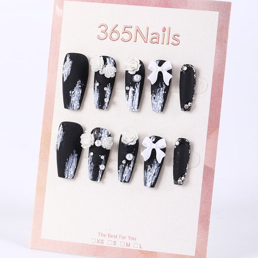 365Nails Matte Black Brushstroke Coffin with 3D Bow, Rose & Pearls