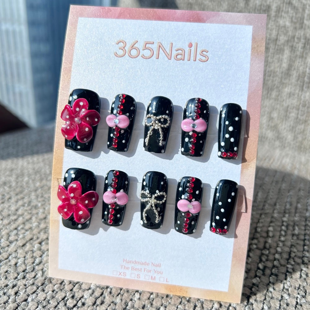 Sculpted Flora: "Polka Noir Bow" – 3D Red Flowers, Pink Bows & Rhinestones on Black Polka Dot Nails