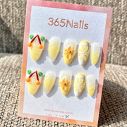 365nails: "Lemon Yellow Cherry Flower Mix" – 3D Fruit & Flower Handmade Medium Stiletto Press-On Nails