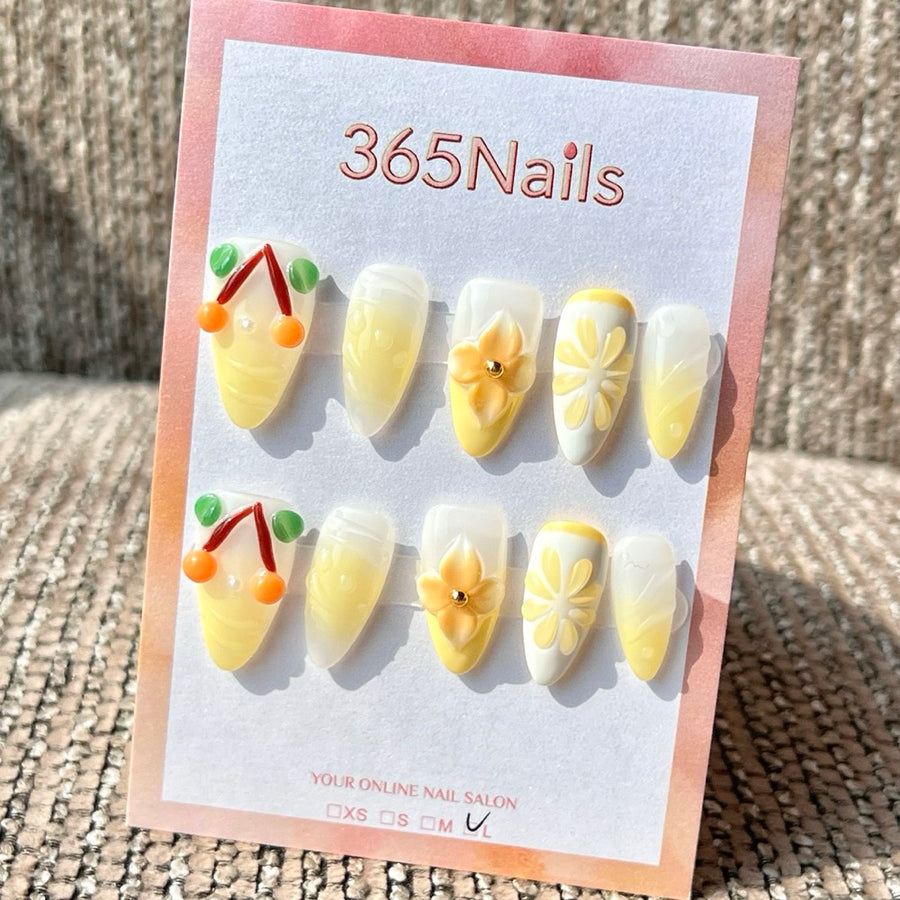 365nails: 레몬 옐로우 체리 꽃 믹스 – 3D 과일·플라워 수제 미디엄 스틸레토형 프레스온 네일