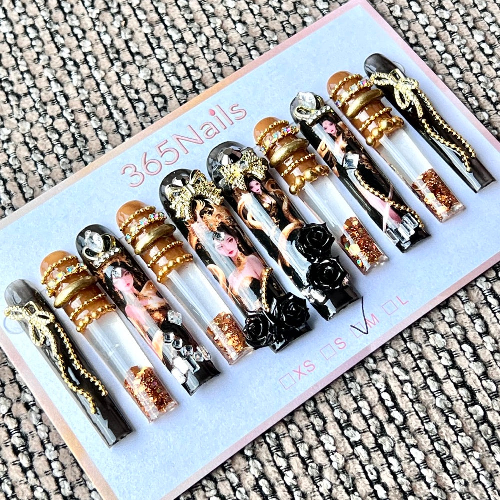 365nails: "Golden Noir Royalty" – Handmade Liquid Motion Press-On Long Pipe Nails-5.5cm
