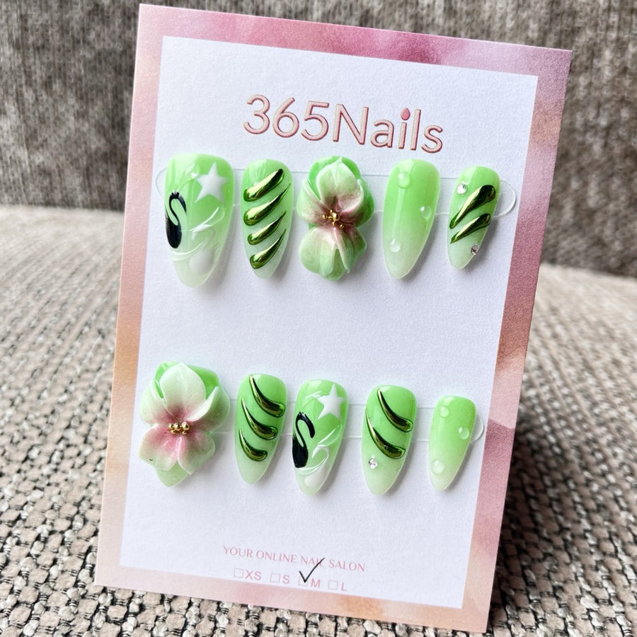 365nails: "Jungle Rhythm" – 3D Floral Handmade Almond Nails