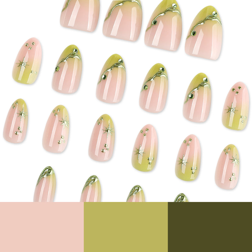 Assorted green and pink press-on nails beside three color swatches