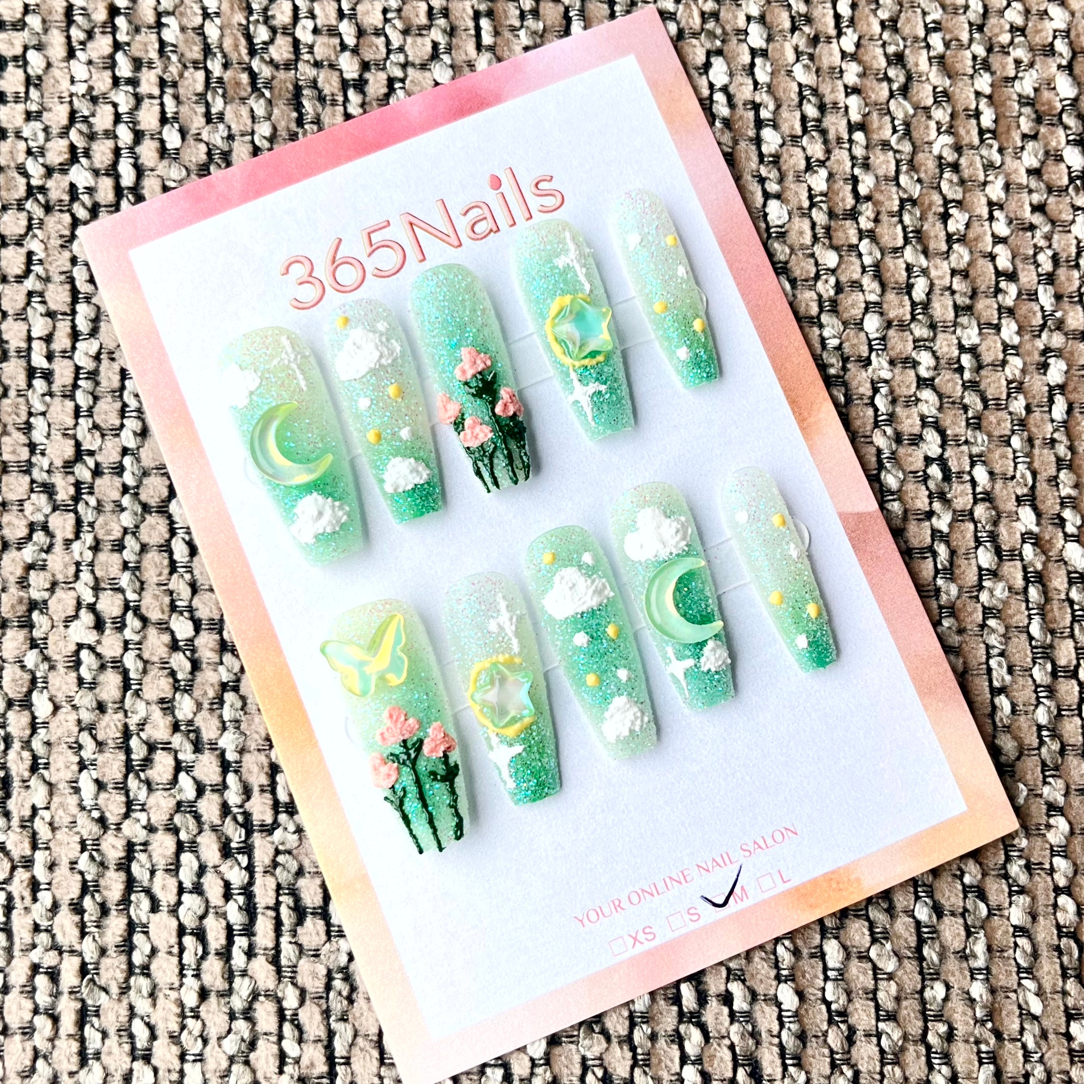 365nails: "Enchanted Garden" – 3D Floral & Celestial Handmade Almond Nails