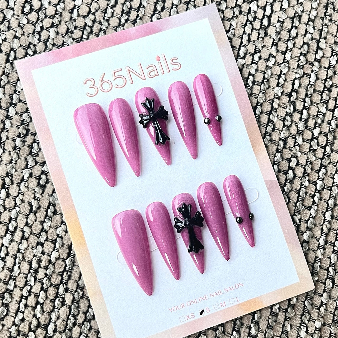 Pink Almond Press-On Nails with Black Cross 3D Charms