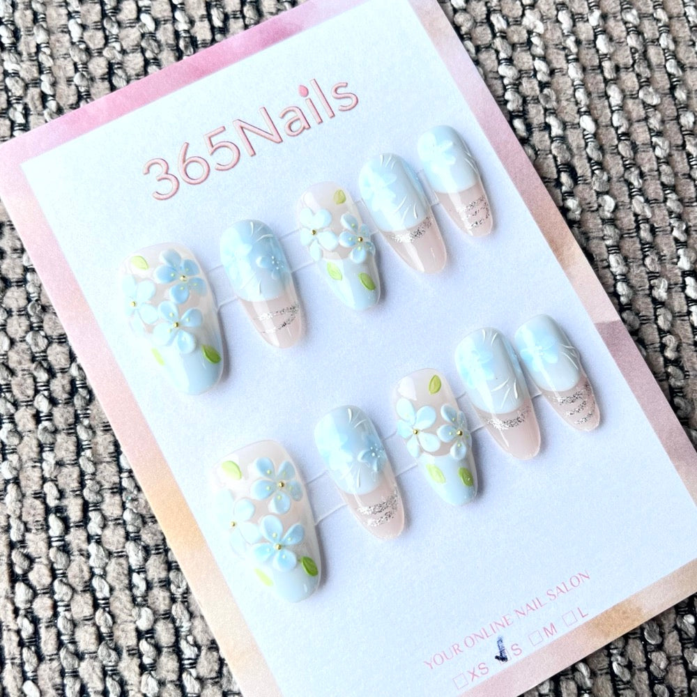 365nails: "Azure Blossom" – 3D Floral Handmade Medium Almond Nails
