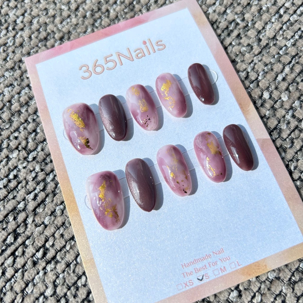 Ethereal Ink: "Amethyst Cocoa" – Deep Cocoa Purple Cat Eye & Dusty Pink Marble with Gold Foil Oval Nails