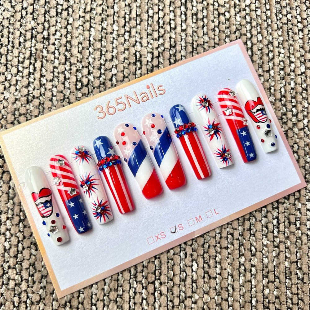 Handmade Independence Day Fireworks Stars and Stripes Short Press-On Nails 4cm (High Quality/Custom/10pcs)