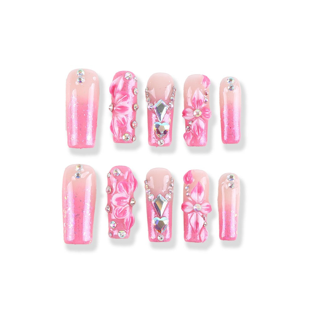 Pink Gradient 3D Flower Press-On Nails with Crystal Rhinestones