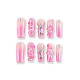 Pink Gradient 3D Flower Press-On Nails with Crystal Rhinestones