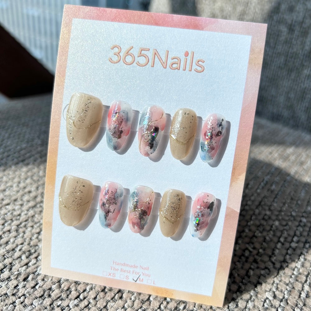 Ethereal Ink: "Abstract Poetry" – Beige Shimmer & Pink-Blue Splash Ink Marble with Aurora Foil Oval Nails