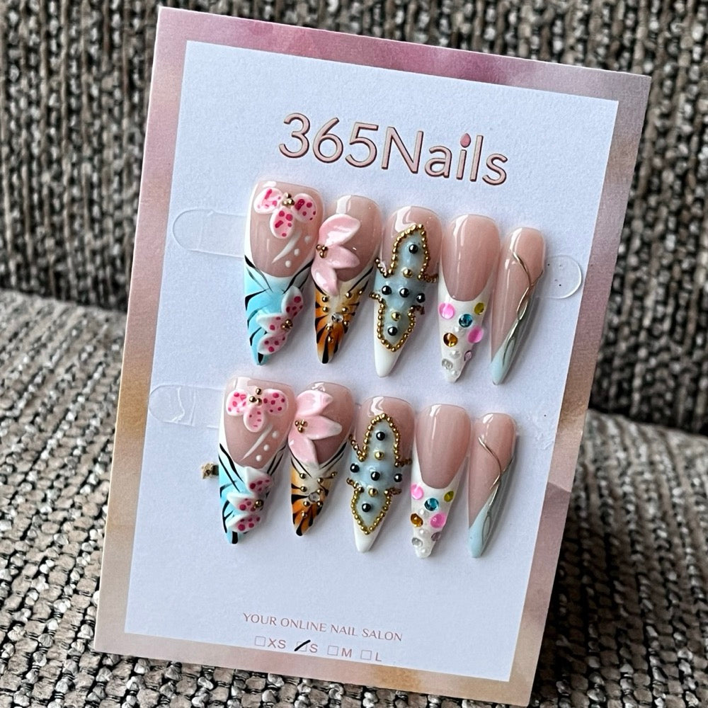 Handmade Almond Press-On Nails with 3D Charms & Floral Animal Print