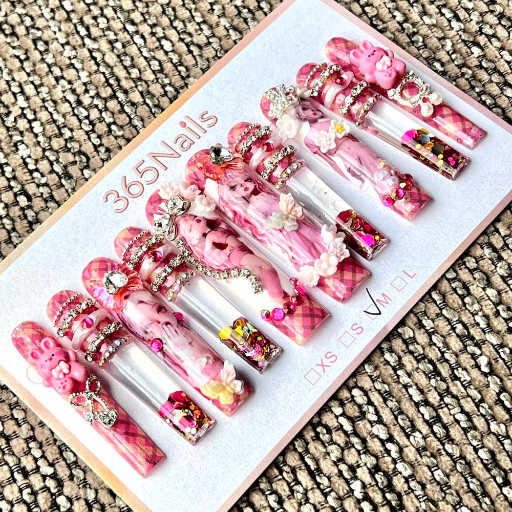 365nails: "Pink Plaid Bunny Doll" – Handmade Floral Liquid Motion Press-On Long Pipe Nails-5.5cm