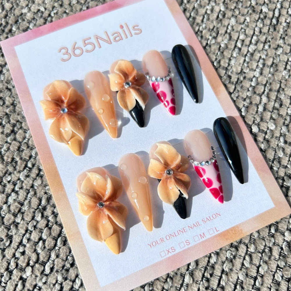 Sculpted Flora: "Caramel Leopard Noir" – 3D Caramel Flowers, Pink Leopard Print & Dewdrops on Black Stiletto Nails