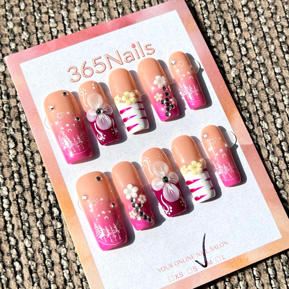 365nails: "Blooming Berry" – 3D Floral Bow Handmade Medium Square Nails