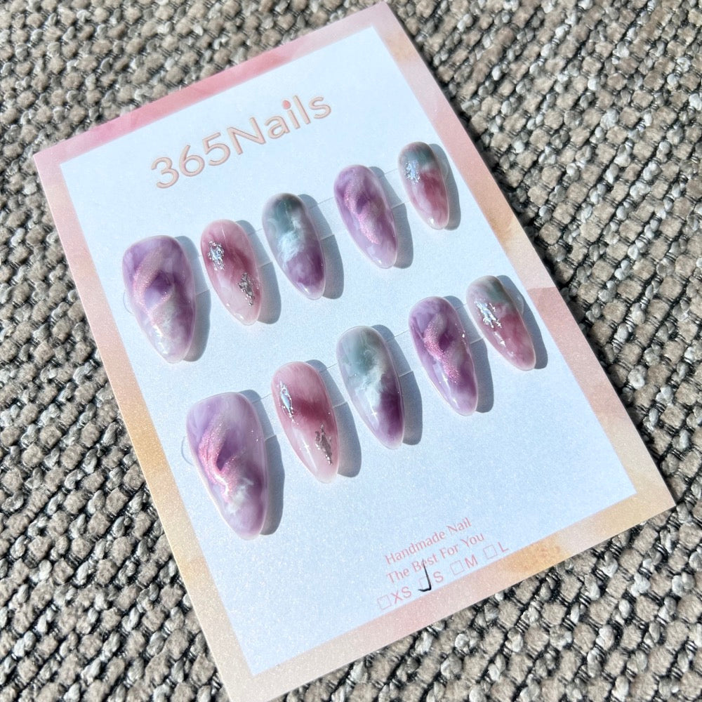 Ethereal Ink: "Mystic Nebula Flow" – Lilac, Berry & Sage Mixed Marble with 3D Ripple & Cat Eye Almond Nails