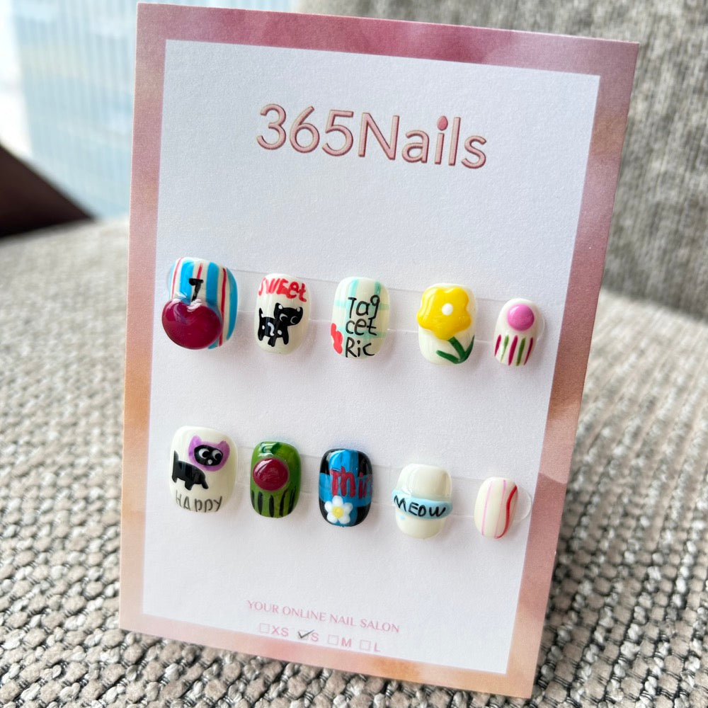 Cartoon & Dopamine: "Happy Doodle Garden" – 3D Cherry, Yellow Flower, Black Cat & Graffiti Text Short Nails