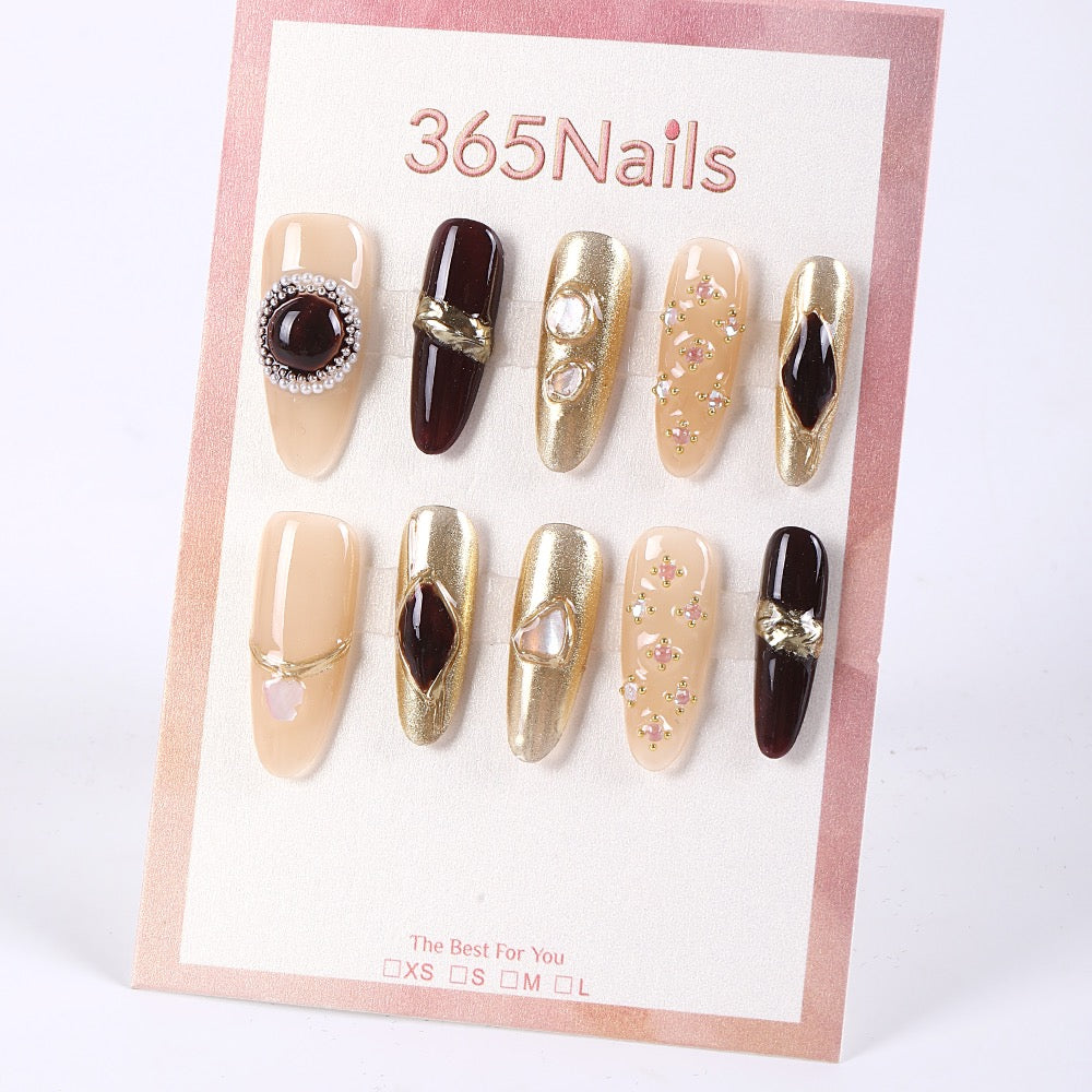 365nails latte nude and gold luxury gemstone press-ons