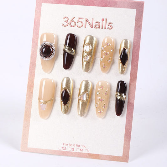 365nails latte nude and gold luxury gemstone press-ons