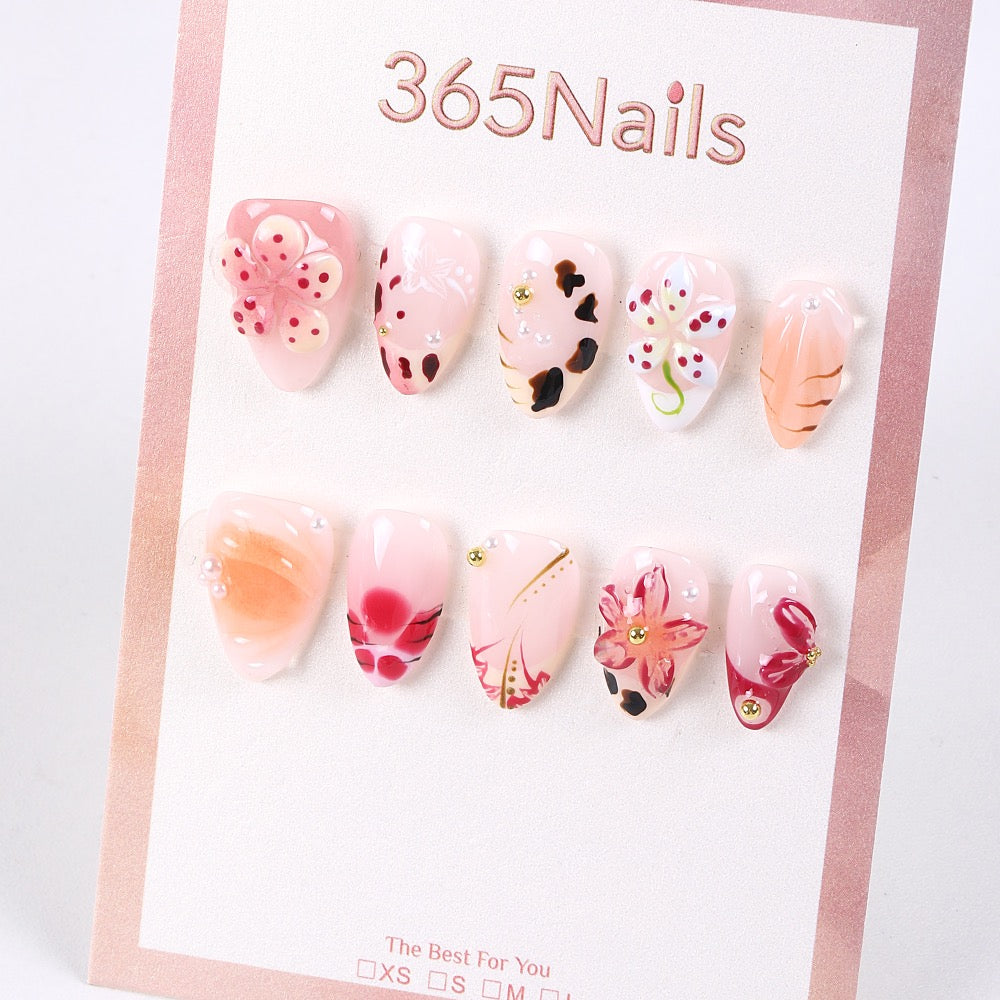 365Nails Spring Garden Press-On Nails in Nude Pink with Hand-Painted Florals and Gold Accents
