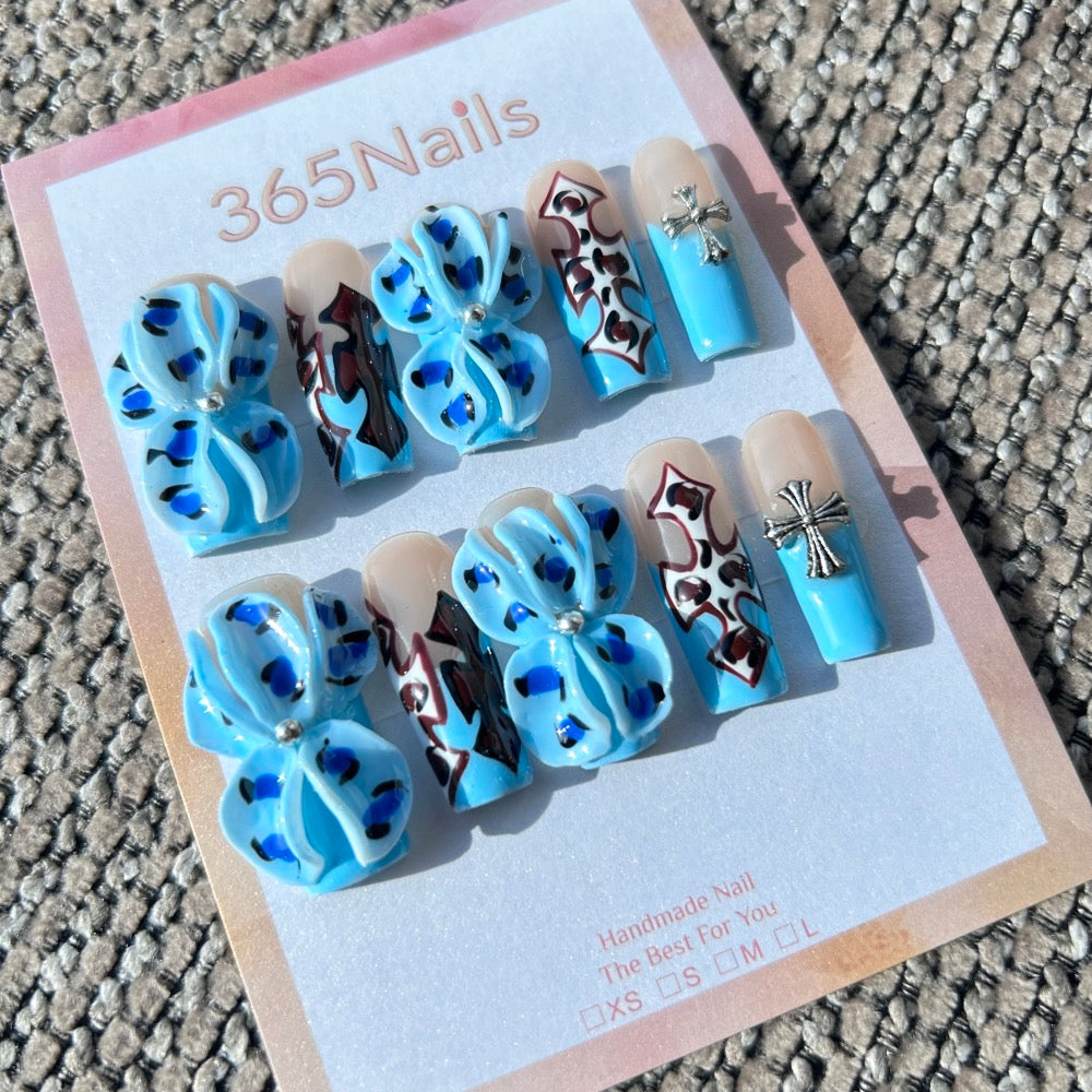 Sculpted Flora: "Azure Leopard Cross" – 3D Blue Flower with Leopard Print & Silver Cross Charm Coffin Nails