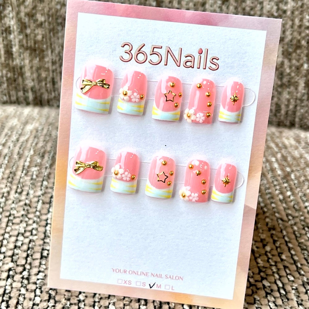 "Pink French Bow Star" - Wholesale Ultra-Soft Flexible Fit Handmade Nails (MOQ=100)