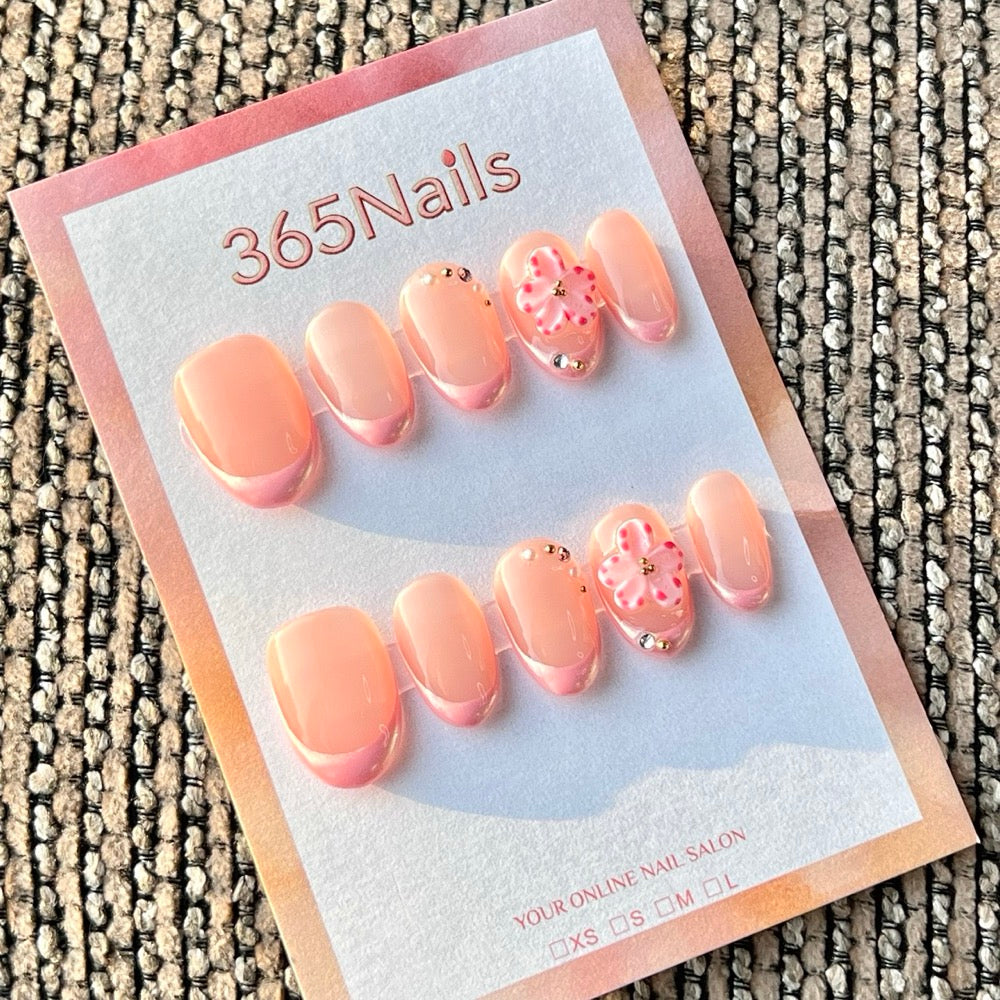365nails: "체리 블로썸 프렌치" — 3D 플라워 수제 숏 오벌 프레스온 네일