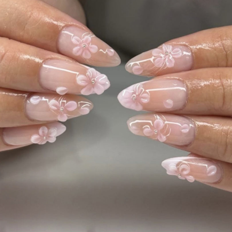 3D French Floral Glossy Pink White Almond Short Press On Nails – Design 55