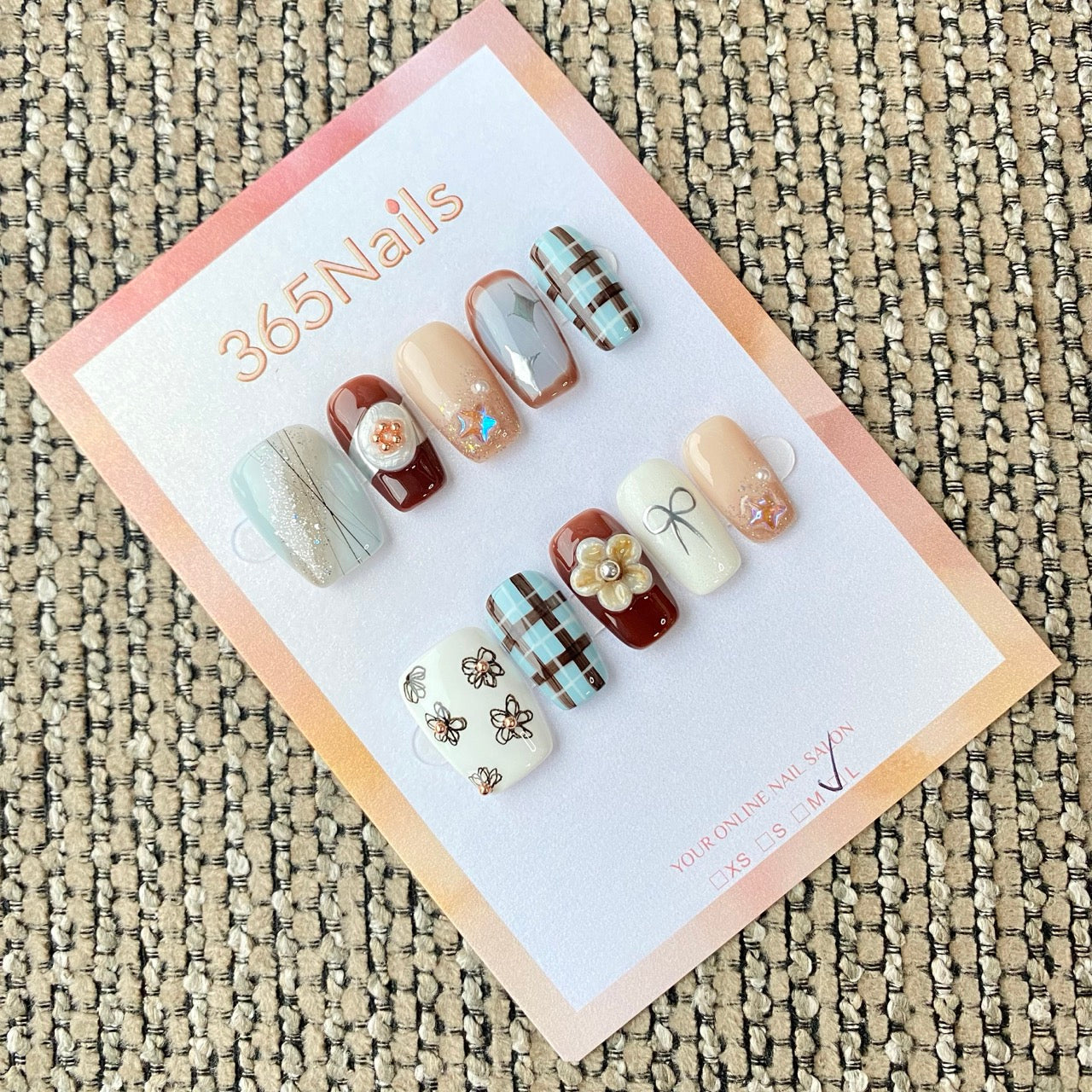 365nails: "Brown Blue Daisy Plaid Bow" – handmade press-on nail
