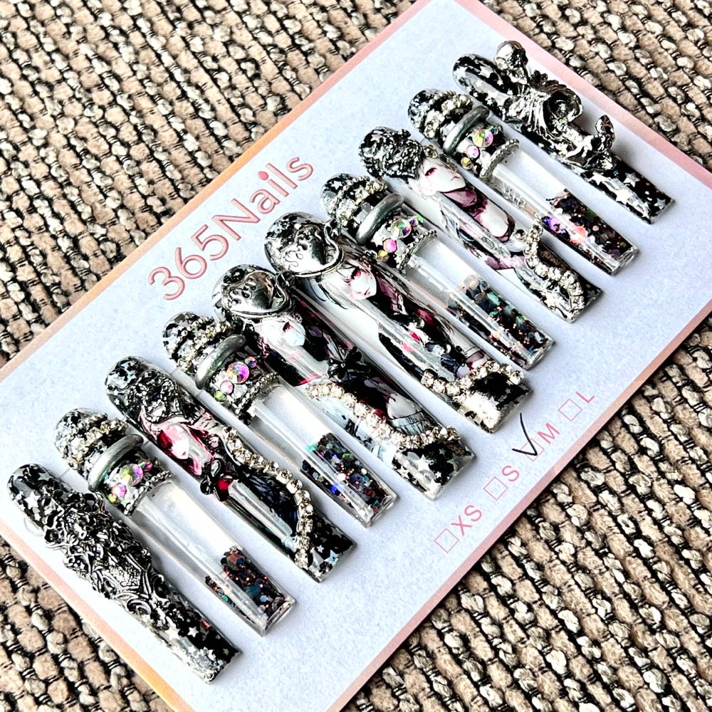 365nails: "Dark Anime Rebel" – Handmade Liquid Motion Press-On Long Pipe Nails-5.5cm