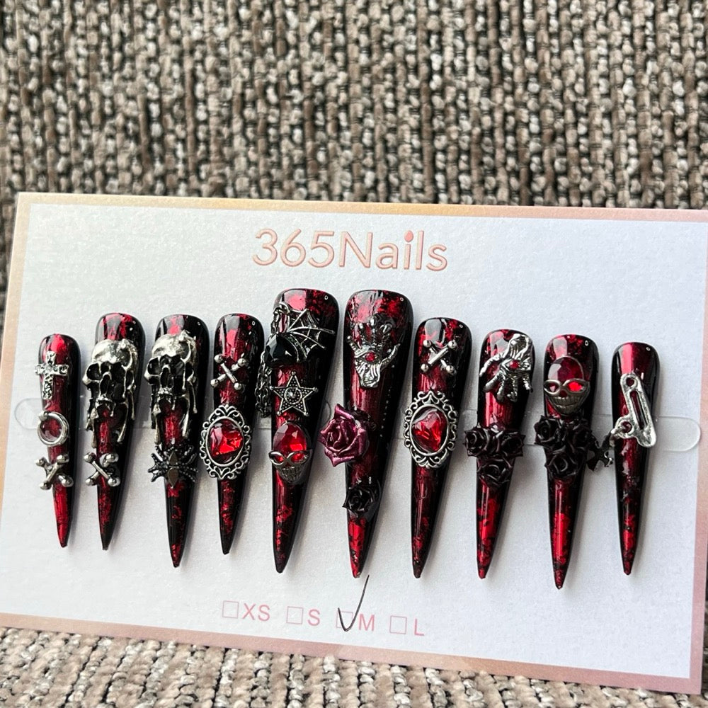 365nails: "Gothic Red Black Skull Rose Spider" – handmade press-on nails