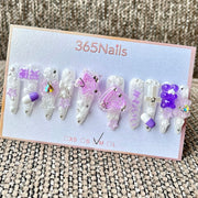 365nails: "라벤더 퍼플 3D 베어 필 스타 로즈 크로스 레진 참" – Y2K 카와이 수제 롱 코핀 네일
