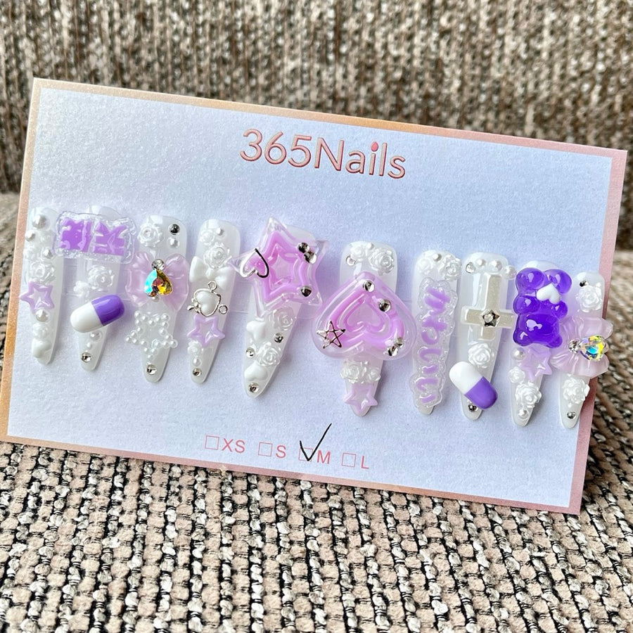 365nails: "Lavender Purple 3D Bear Pill Star Rose Cross Resin Charms" – Y2K Kawaii Handmade Long Coffin Nails
