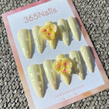 Sculpted Flora: "Morning Dew Primrose" – 3D Pearlescent Yellow Flower with Pink Veins & Water Droplets Stiletto Nails