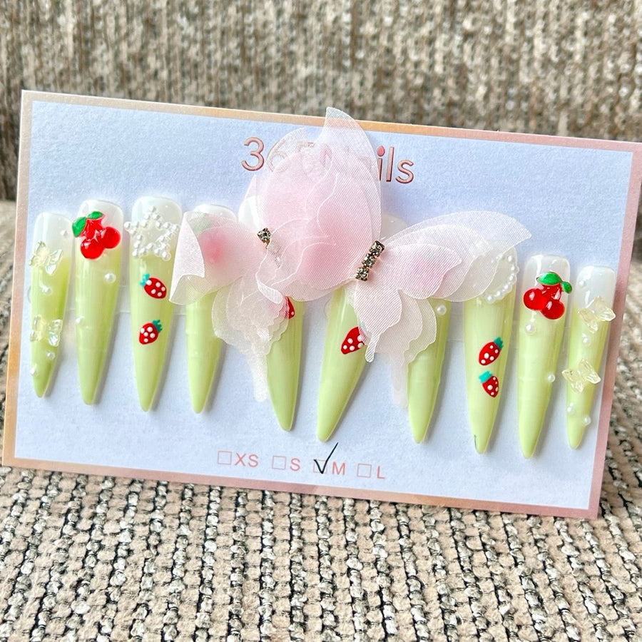 365nails: "Mint Green Strawberry Cherry Long" – Handmade Long Stiletto Press-On Nails