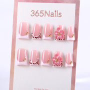 粉色豹紋法式穿戴甲，3D 花朵點綴 ( MOQ=5pcs )