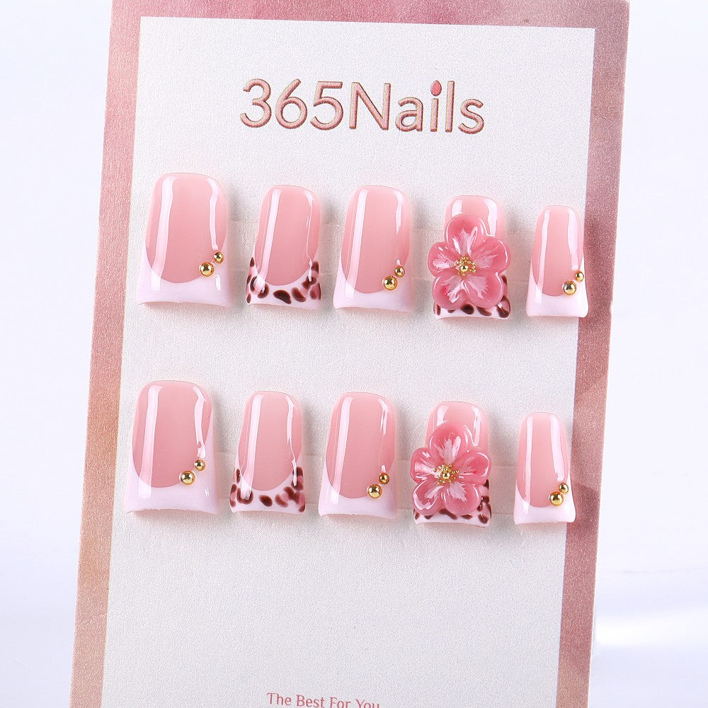 Pink Leopard French Press-On Nails with 3D Flower Accents