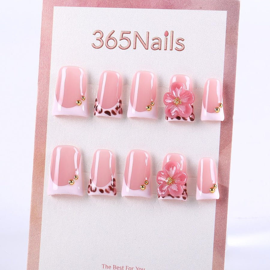 핑크 레오파드 프렌치 스타일 프레스온 네일, 3D 플라워 장식 ( MOQ=5pcs )